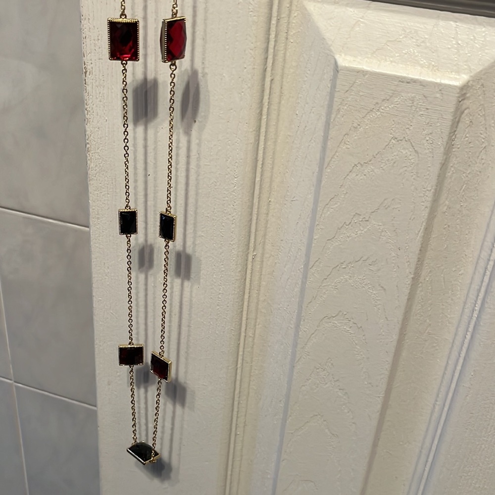 Gold Colored Adjustable Necklace With Ruby Red An… - image 4